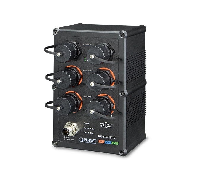 Industrial IP67-rated 4-Port 10/100/1000T 802.3at PoE + 2-Port 10/100/1000T Managed Ethernet Switch (-40~75 degrees C) 