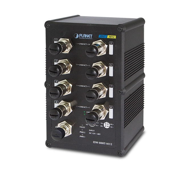 Industrial IP67 Rated 8-Port 10/100Mbps M12 Fast Ethernet Switch with Wide Operating Temperature 