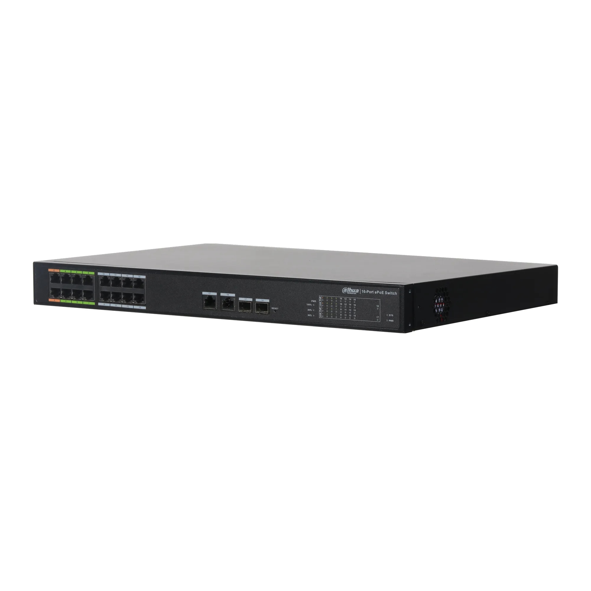 16 Portlu Yönetilebilir ePoE Switch (8 e-PoE+8FE PoE +2 GE+2GE SFP) ( Tek Kablo ile 800 metre )