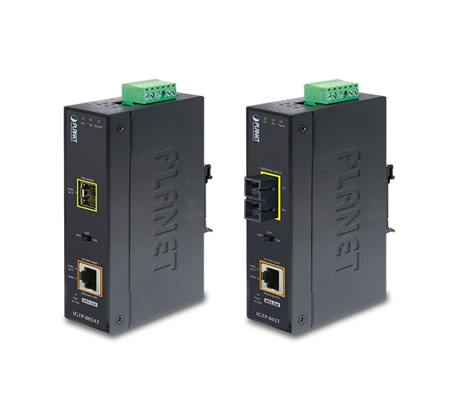 1000BASE-X to 10/100/1000BASE-T 802.3at PoE+ Industrial Media Converter 