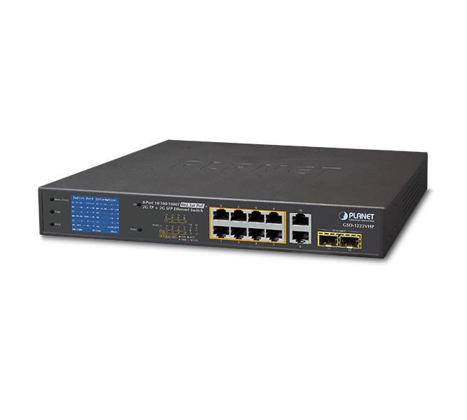  8-Port 10/100/1000T 802.3at PoE + 2-Port 10/100/1000T + 2-Port 1000X SFP Ethernet Switch with PoE LCD Monitor 
