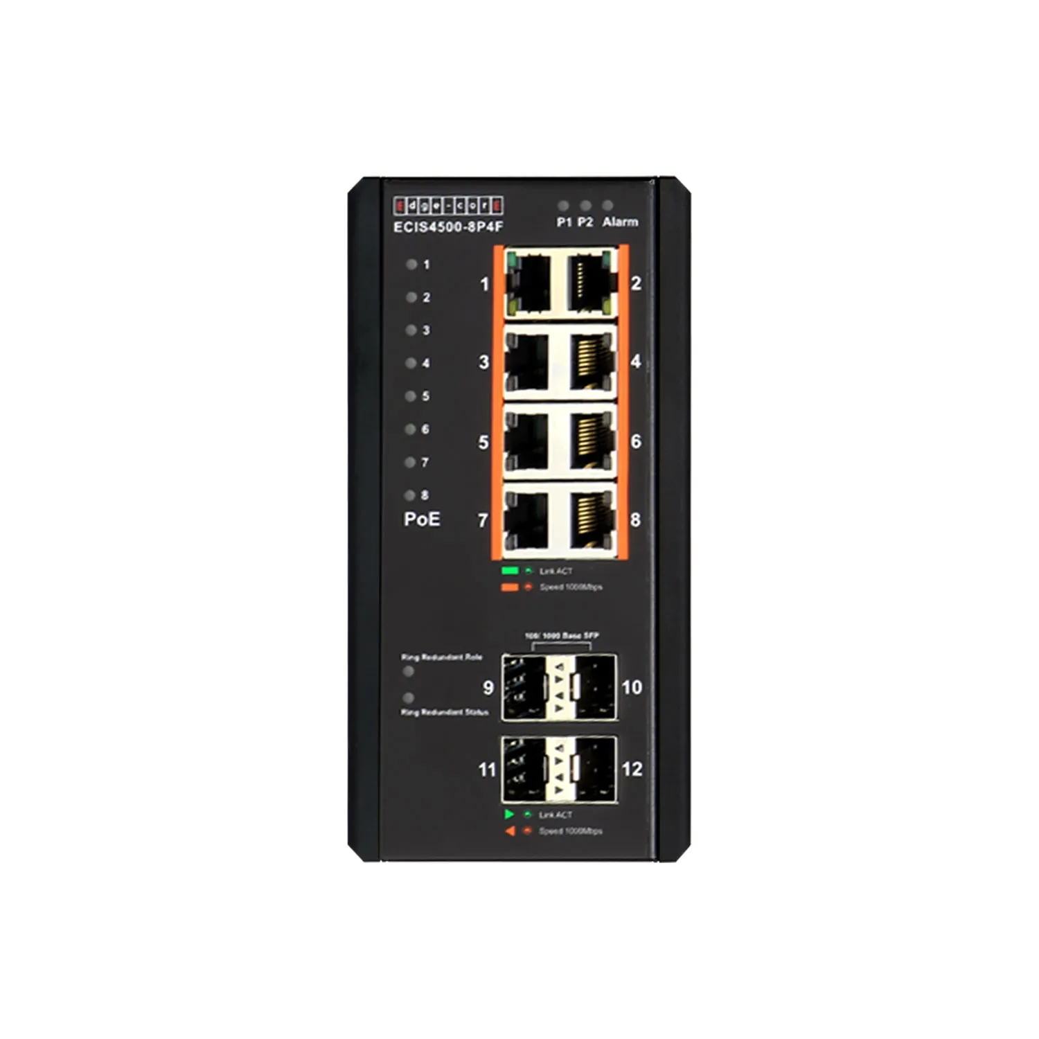 Industrial Gigabit Ethernet Switch with 8 10/100/1000BASE-T PoE+ ports, 4 10/100/1000BASE-X SFP slots(8x 30W)