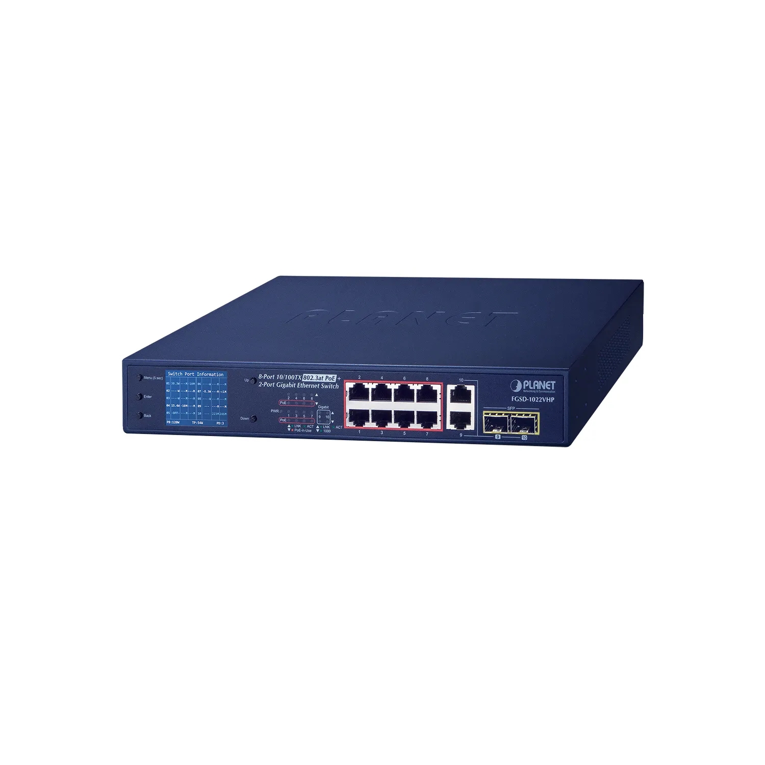8-Port 10/100TX 802.3at PoE + 2-Port Gigabit TP/SFP combo Desktop Switch with LCD PoE Monitor