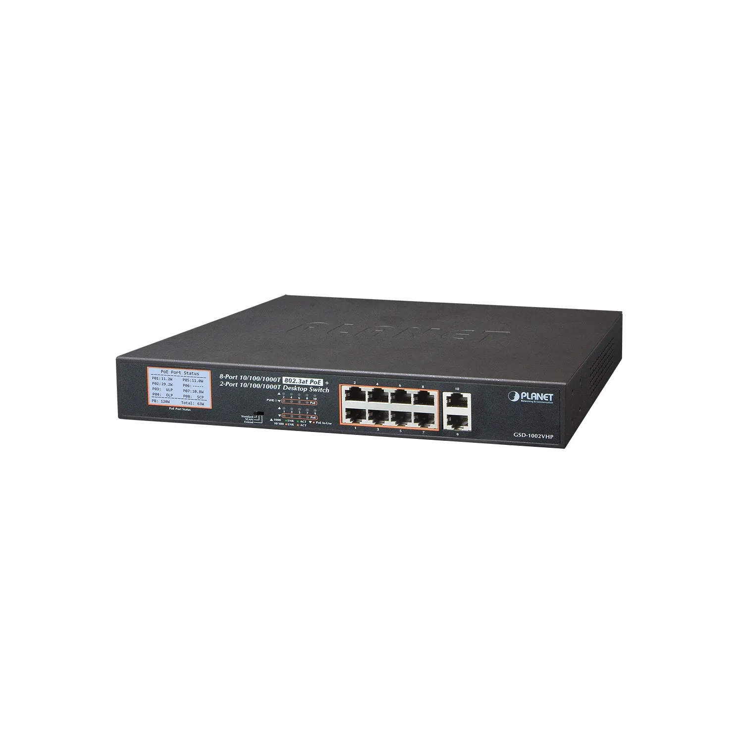 8-Port 10/100/1000T 802.3at PoE+2-Port 10/100/1000T Desktop Switch with LCD PoE Monitor