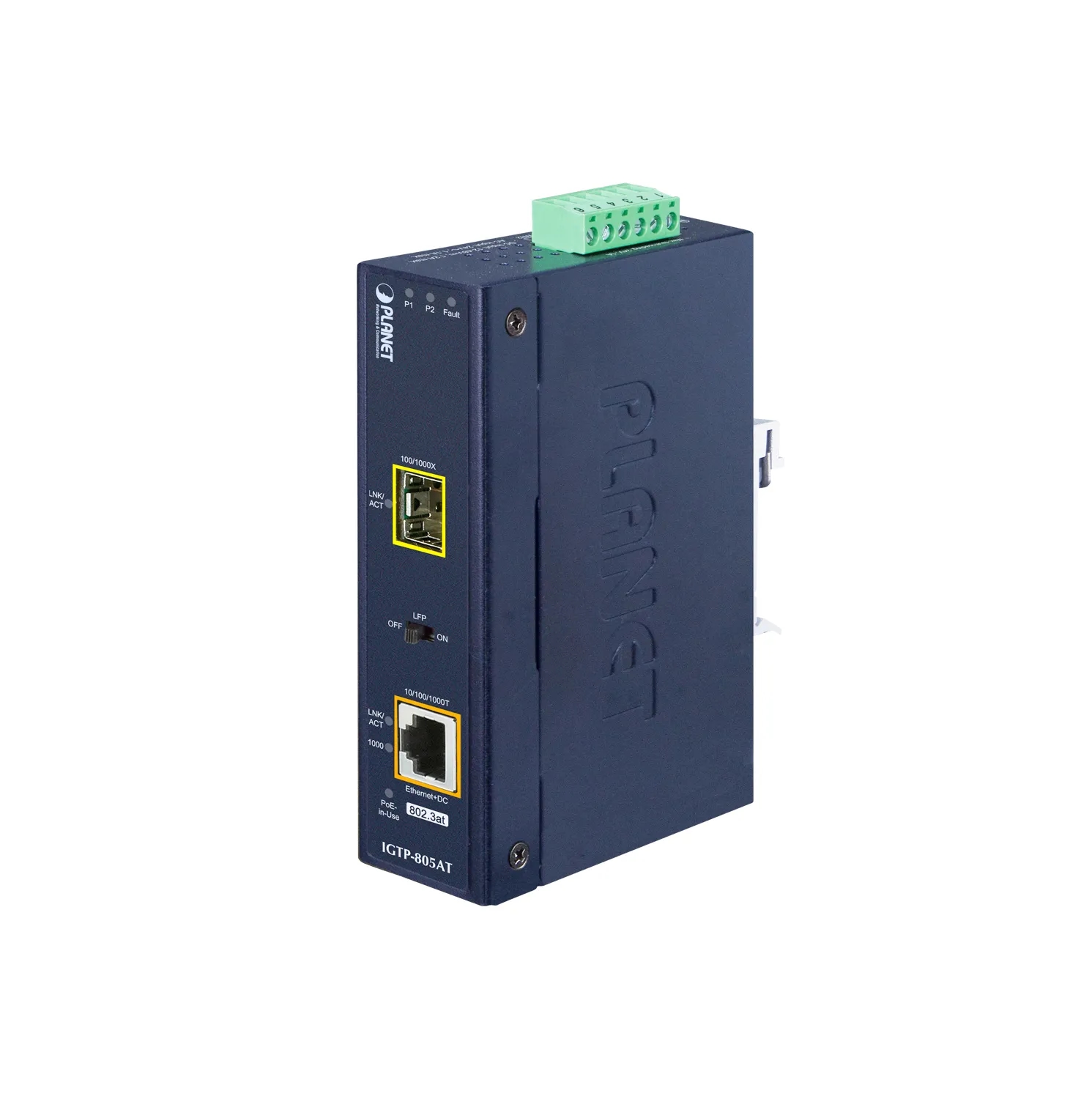 IP30 Compact size Industrial 100/1000BASE-X SFP to 10/100/1000BASE-T 802.3at PoE+ Media Converter