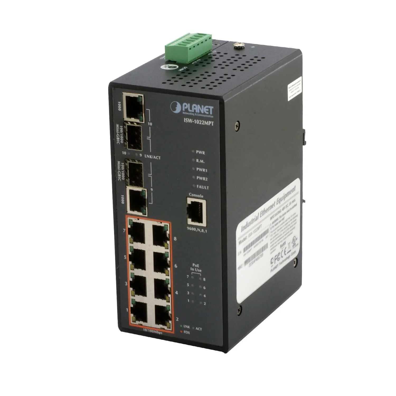 IP30 SNMP POE 8-Port 10/100Mbps + 2-Port Gigabit Combo Industrial Ethernet Switch (-40 to 75 C)