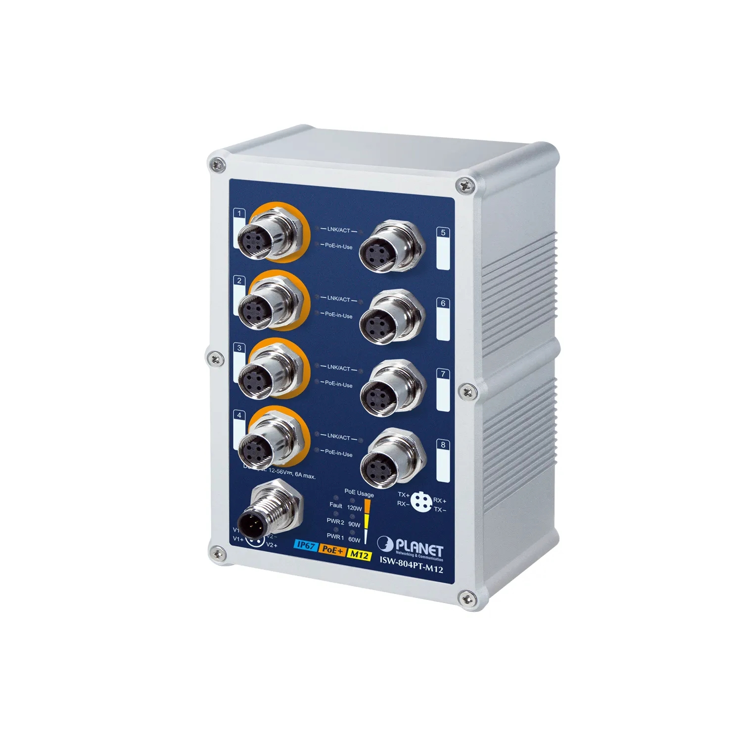IP67 rated 8-Port 10/100Mbps M12 Fast Ethernet POE Switch (-40 to 75 degree C)