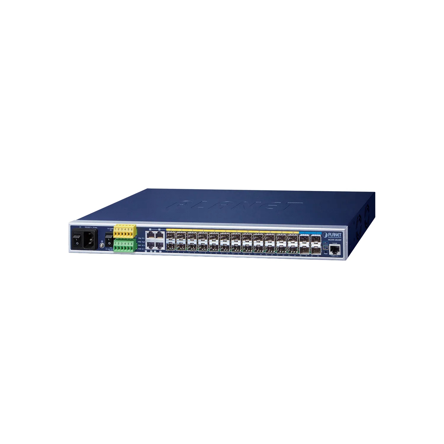 24-Port 100/1000Base-X SFP plus 4-Port 10G SFP+, L2/L4 Managed Metro Ethernet Switch (AC+DC Power Redundant, 2xDI, 2xDO)