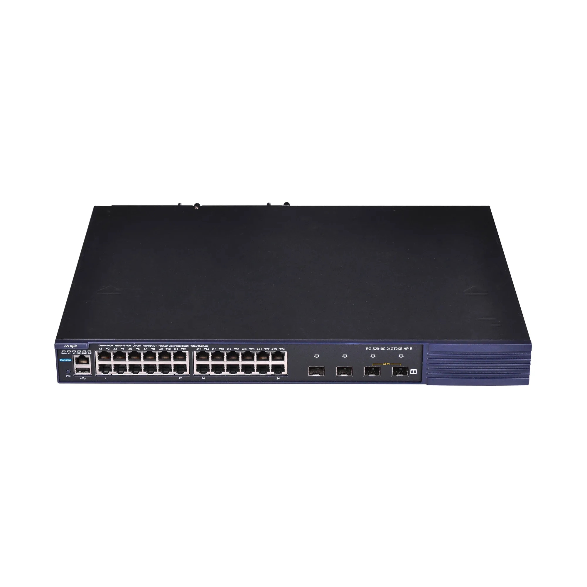 24 10/100/1000BASE-T Ports (PoE/PoE+), 2 100/1000BASE-X SFP Ports (combo), 2 1G/10GBASE-X SFP+ Ports (non-combo)