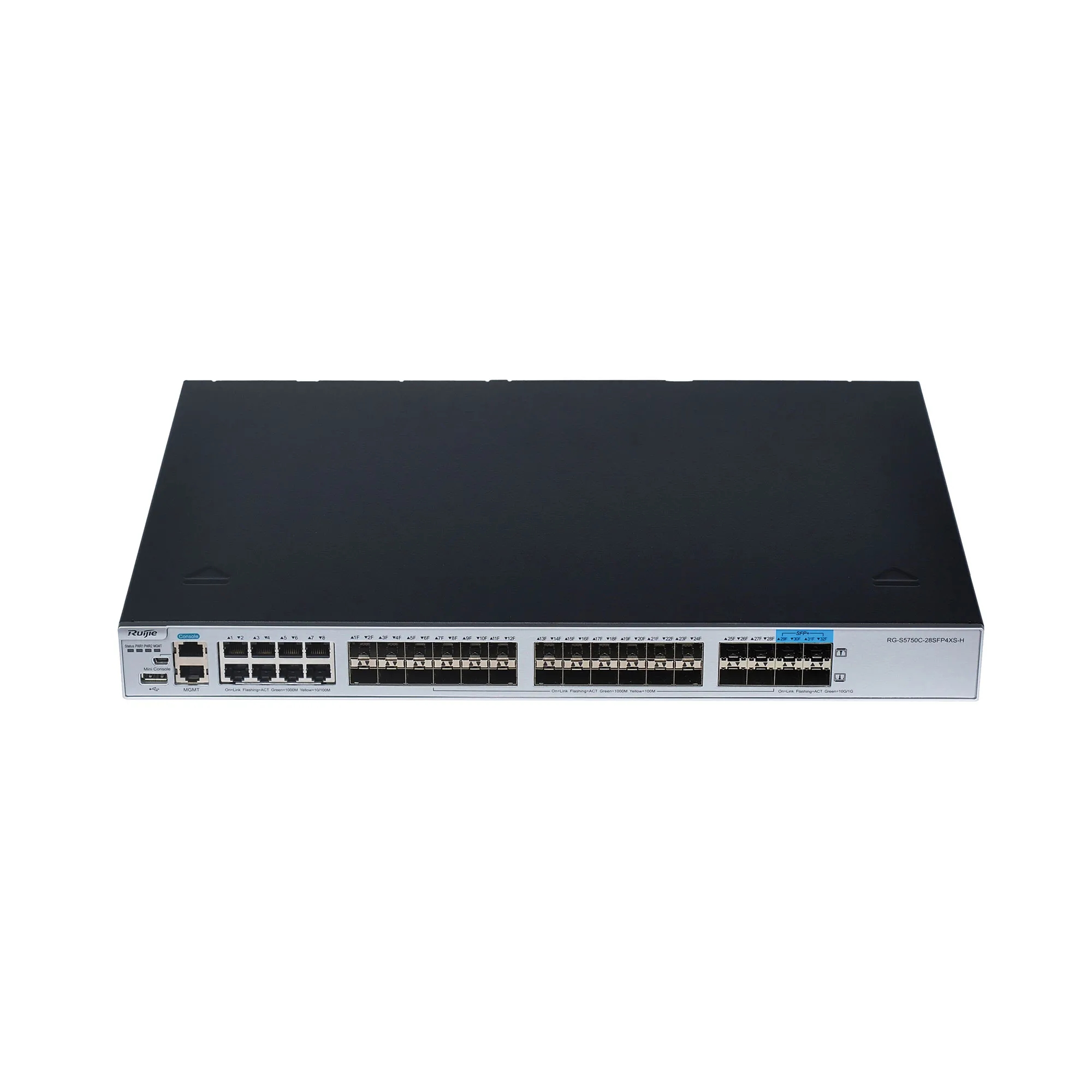 28xSFP 1G SFP Ports, 8 Combo  10/100/1000 BASE-T ports, 4 1G/10G SFP+ BASE-X ports, 2 extension slots, 2 modular power slots
