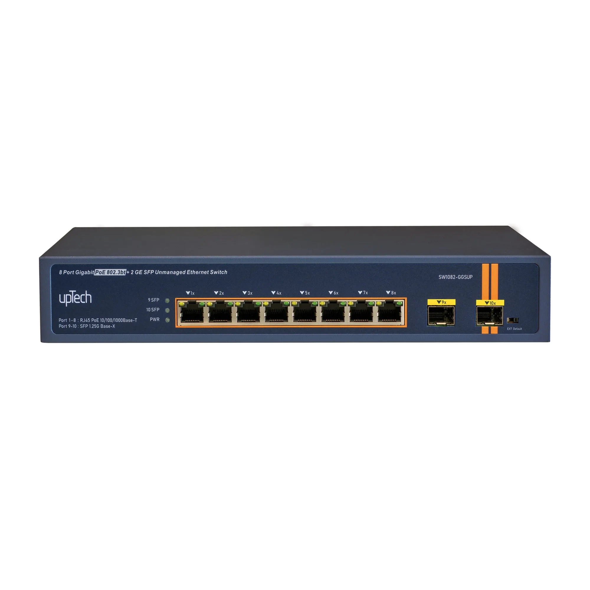 Unmanaged 8x 10/100/1000M PoE RJ45 ports (1-4 ports 802.3bt) + 2x GE SFP 300W PoE Ethernet Switch