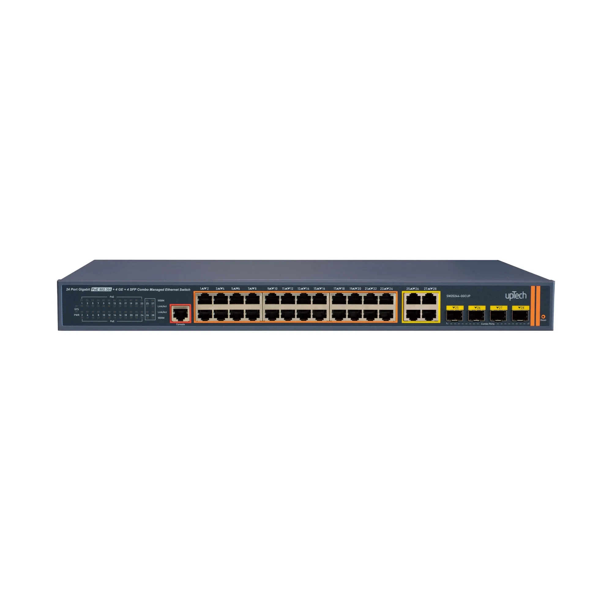L2+ Managed 24x 10/100/1000M PoE RJ45 ports (1-4 ports 802.3bt) + 4x Gigabit Combo SFP 500W PoE Ethernet Switch