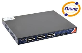 Industrial 28-port rack mount managed Gigabit PoE Ethernet switch with 24x10/100/1000Base-T(X) P.S.E. and 4x1000Base-X, SFP socket 1