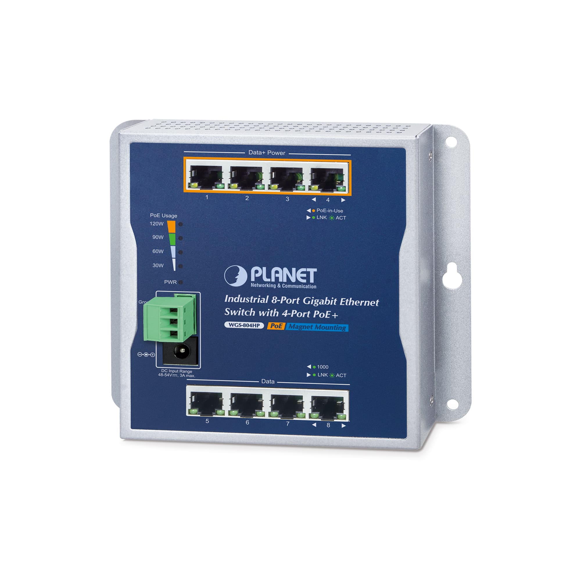 IP30 8-Port Gigabit Wall-mount Switch with 4-Port 802.3AT POE+  (-10 to 60 C), dual redundant power input on 48-56V DC terminal block and power jack