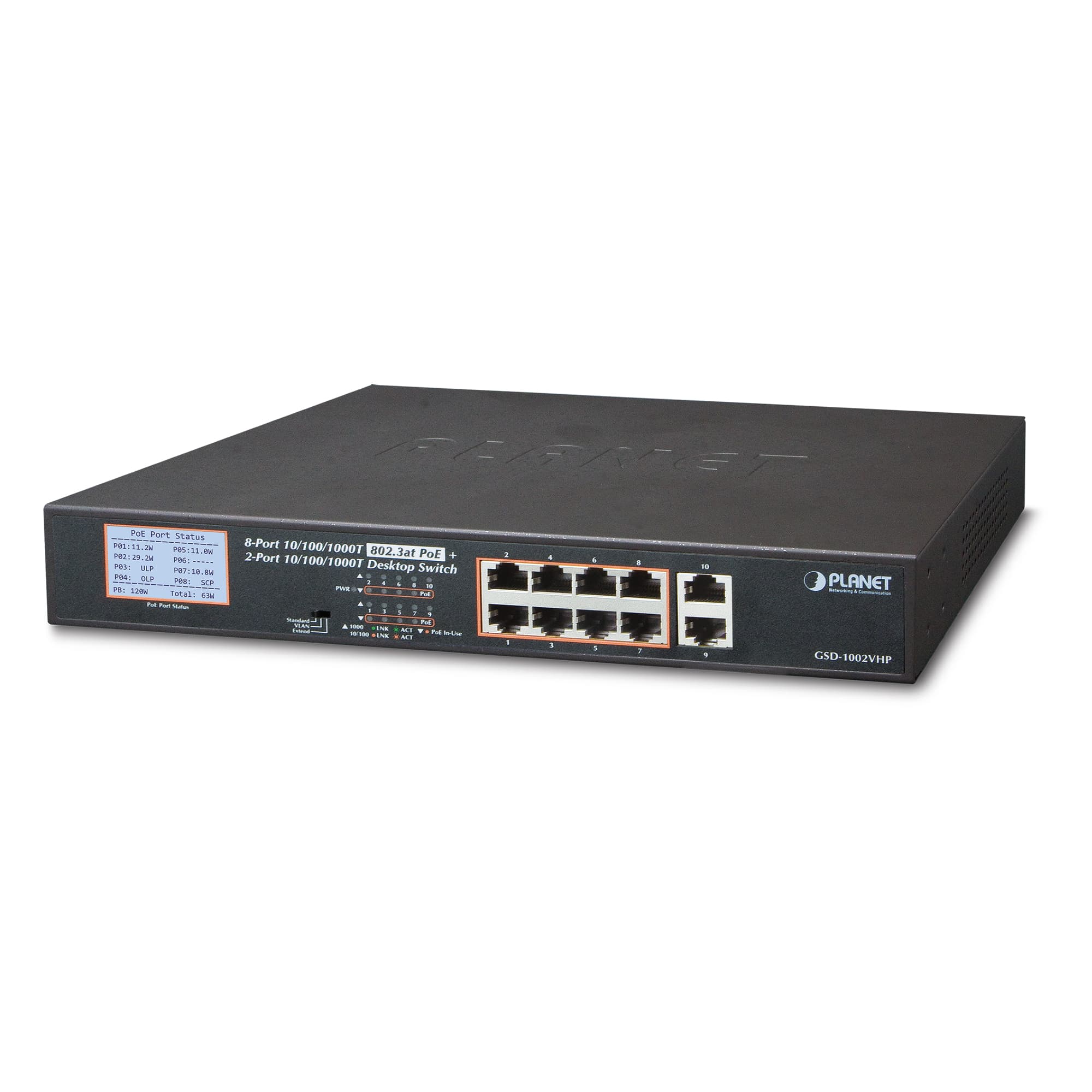 8-Port 10/100/1000T 802.3at PoE+2-Port 10/100/1000T Desktop Switch with LCD PoE Monitor