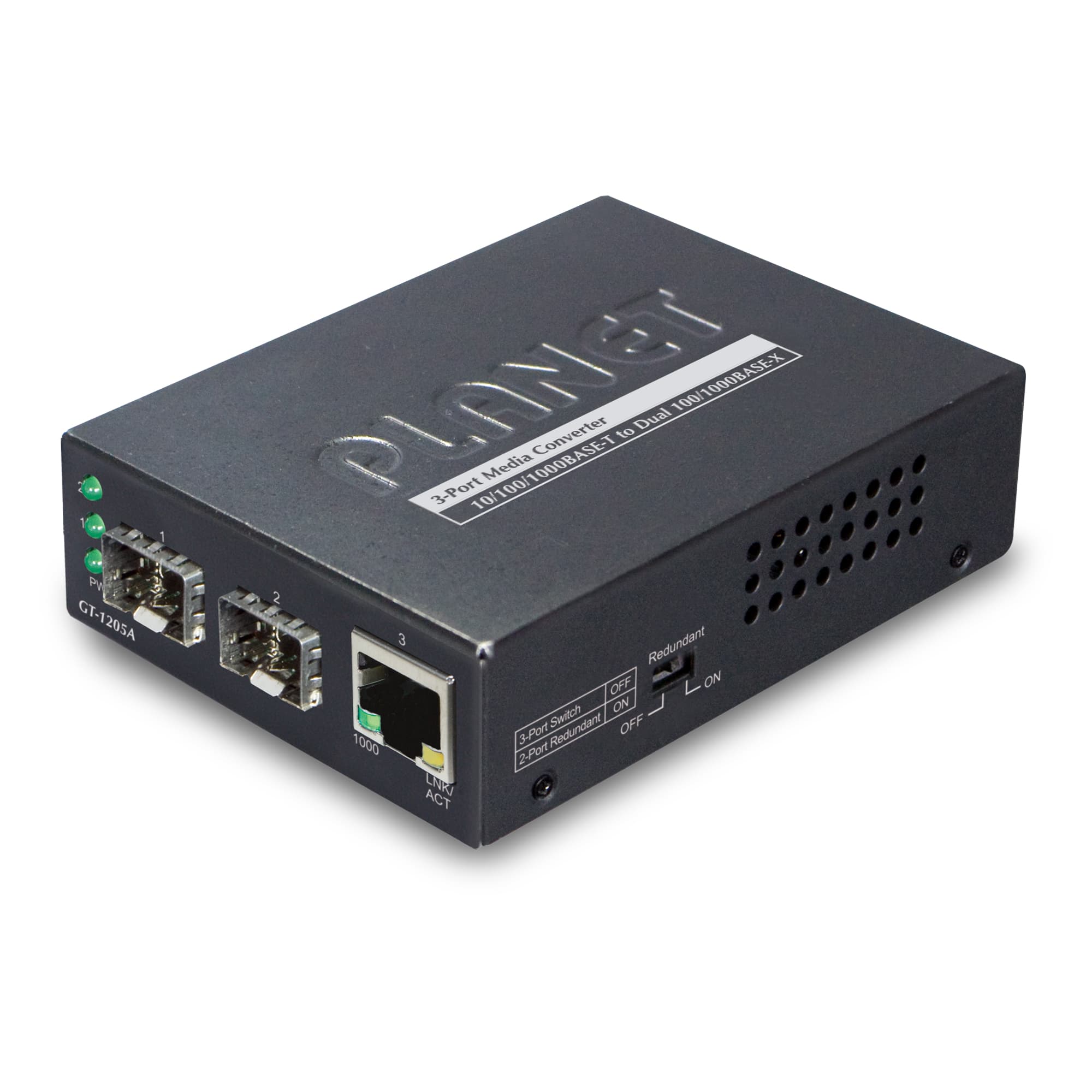 1-Port 10/100/1000Base-T - 2-Port Gigabit SFP Switch Media Converter