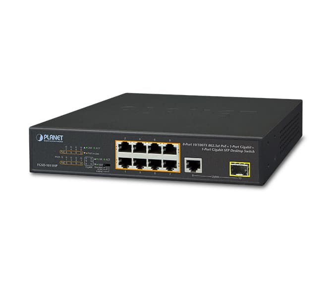 8-Port 10/100TX 802.3at PoE + 1-Port 10/100/1000T + 1-Port 100/1000X SFP Desktop Switch (120 watts) 
