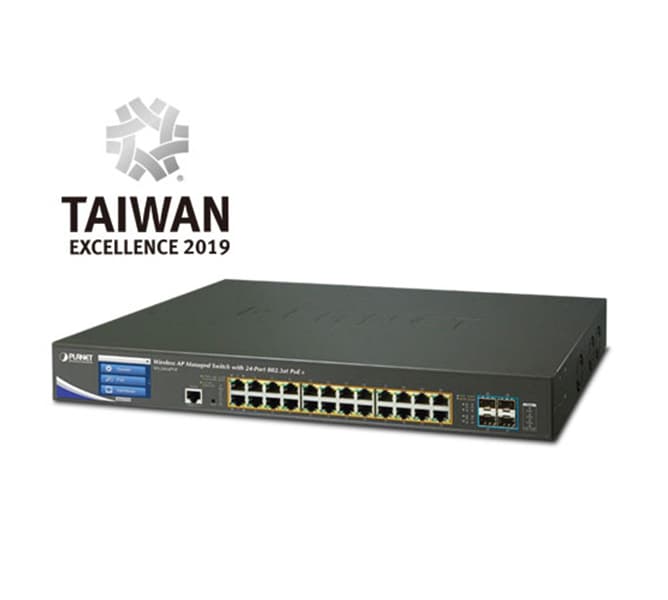 Wireless AP Managed Switch with 24-Port 802.3at PoE + 4-Port 10G SFP+ + LCD Touch Screen and 48VDC Redundant Power