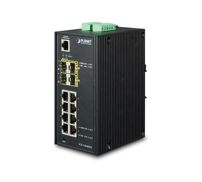 Industrial 8-Port 10/100/1000T + 4-Port 100/1000X SFP Managed Switch (-40~75 Degrees C)