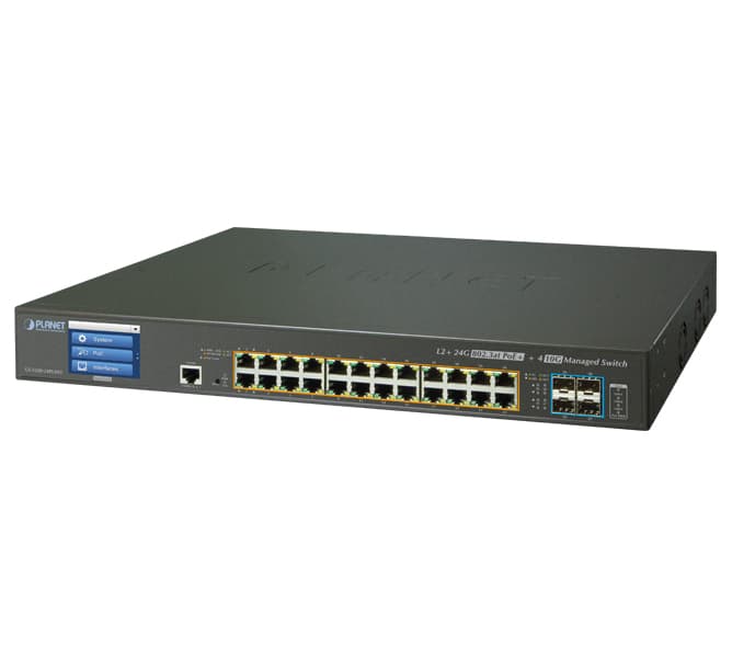 L2+ 24-Port 10/100/1000T 802.3at PoE + 4-Port 10G SFP+ Managed Switch with LCD touch screen
