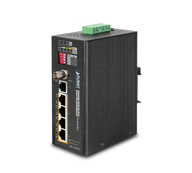 Industrial 4-Port 10/100TX PoE + 1-Port Coax Long Reach PoE Extender 