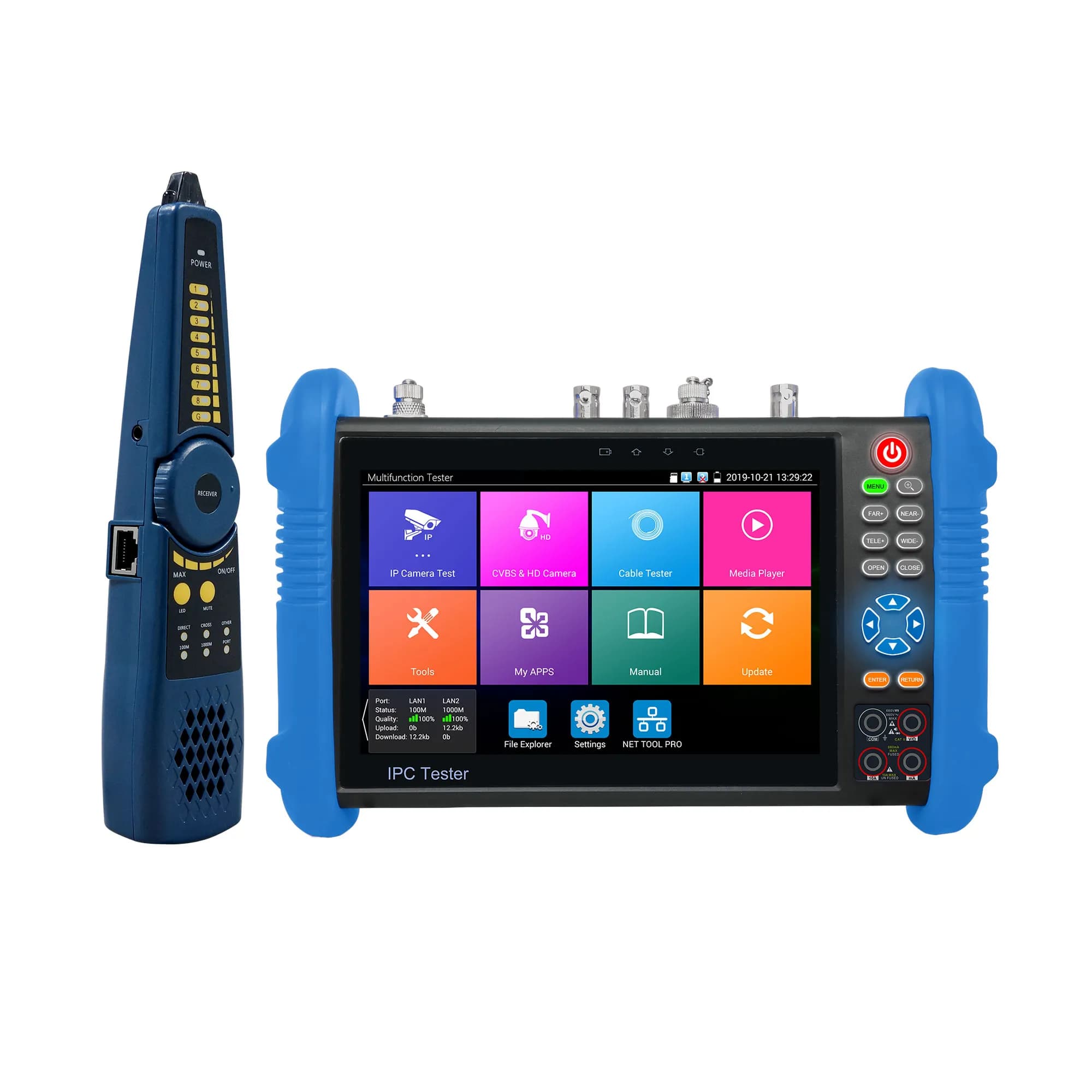 7 inch CCTV Tester, 1920*1200 resolution,IP+Analog+CVI+TVI+AHD+SDI+Digital Cabletracer+Digital multimeter+Optical powermeter+Visual fault locator+HDMI in & out