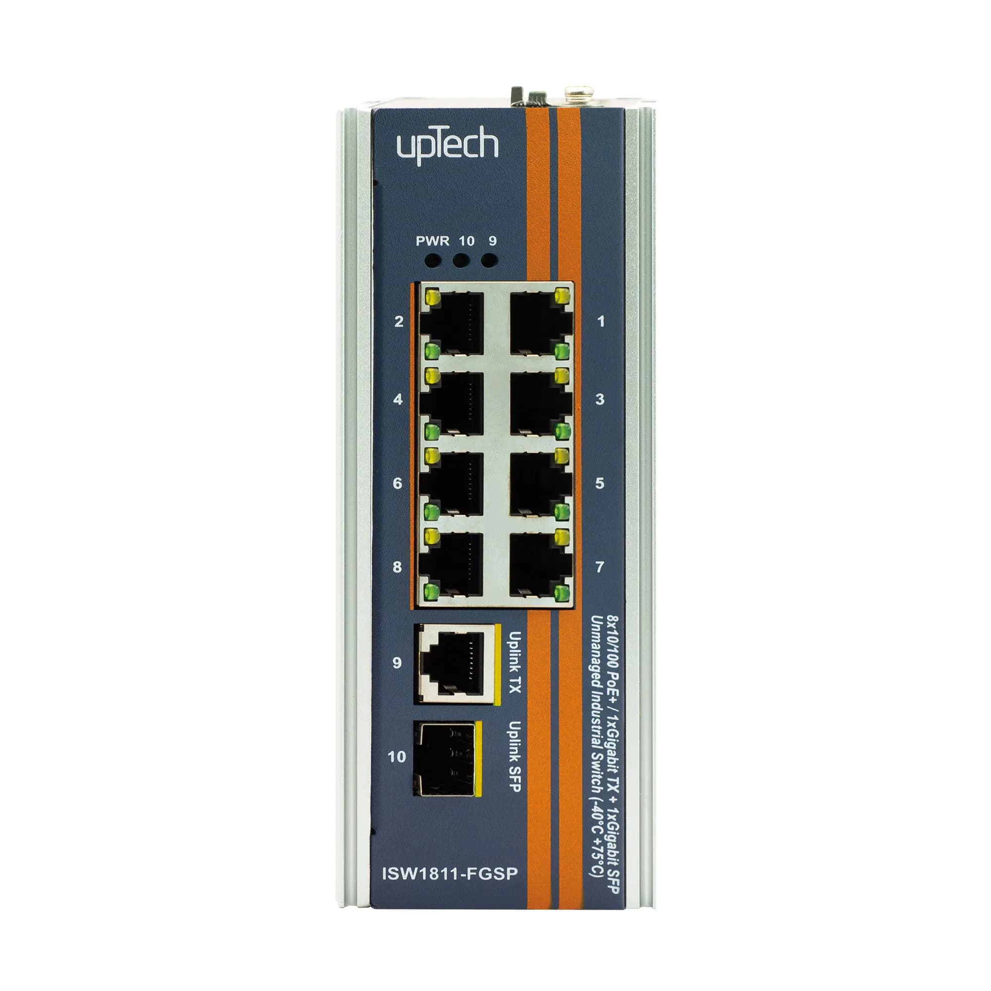 8 Port 10/100Mbps PoE + 1 Port Gigabit TX + 1 Port Gigabit SFP Unmanaged Industrial DIN-Rail Switch