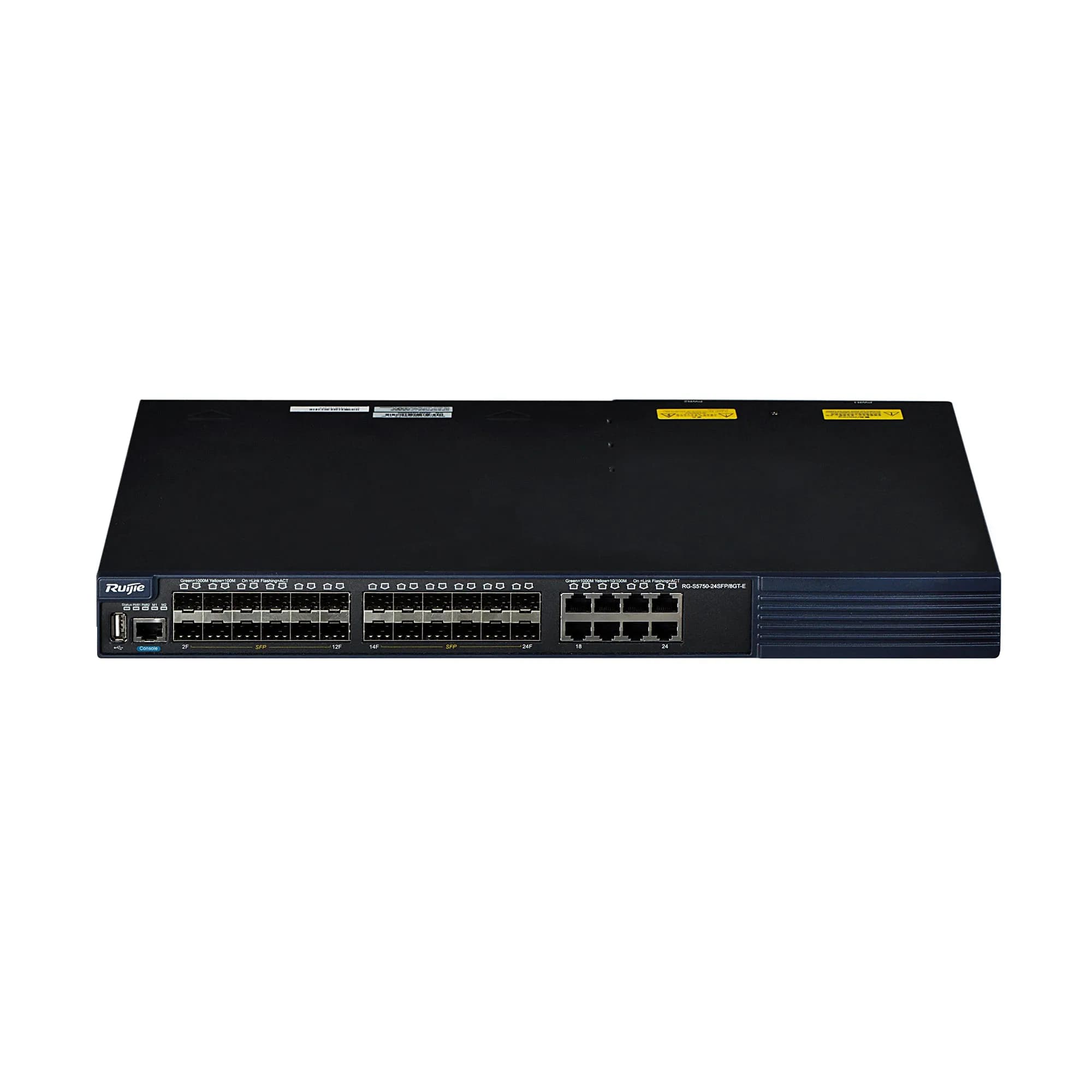 24 GE SFP, 8 Adet 10/100/1000Base-T Combo Port, 2 Genişletme Yuvası (Stack veya Uplink), 2 Güç Kaynağı Yuvası, 1 USB 2.0