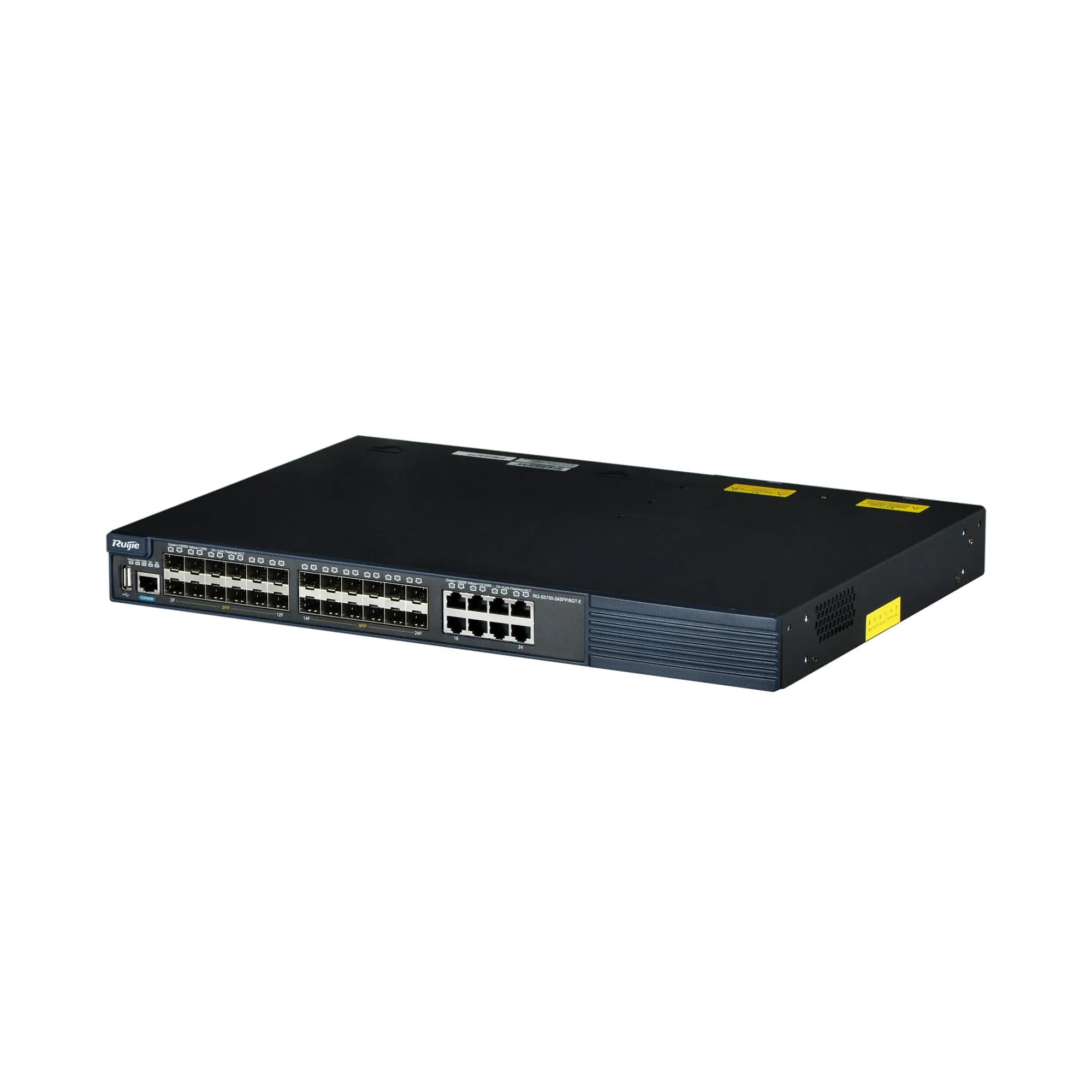 24 GE SFP, 8 Adet 10/100/1000Base-T Combo Port, 2 Genişletme Yuvası (Stack veya Uplink), 2 Güç Kaynağı Yuvası, 1 USB 2.0 2
