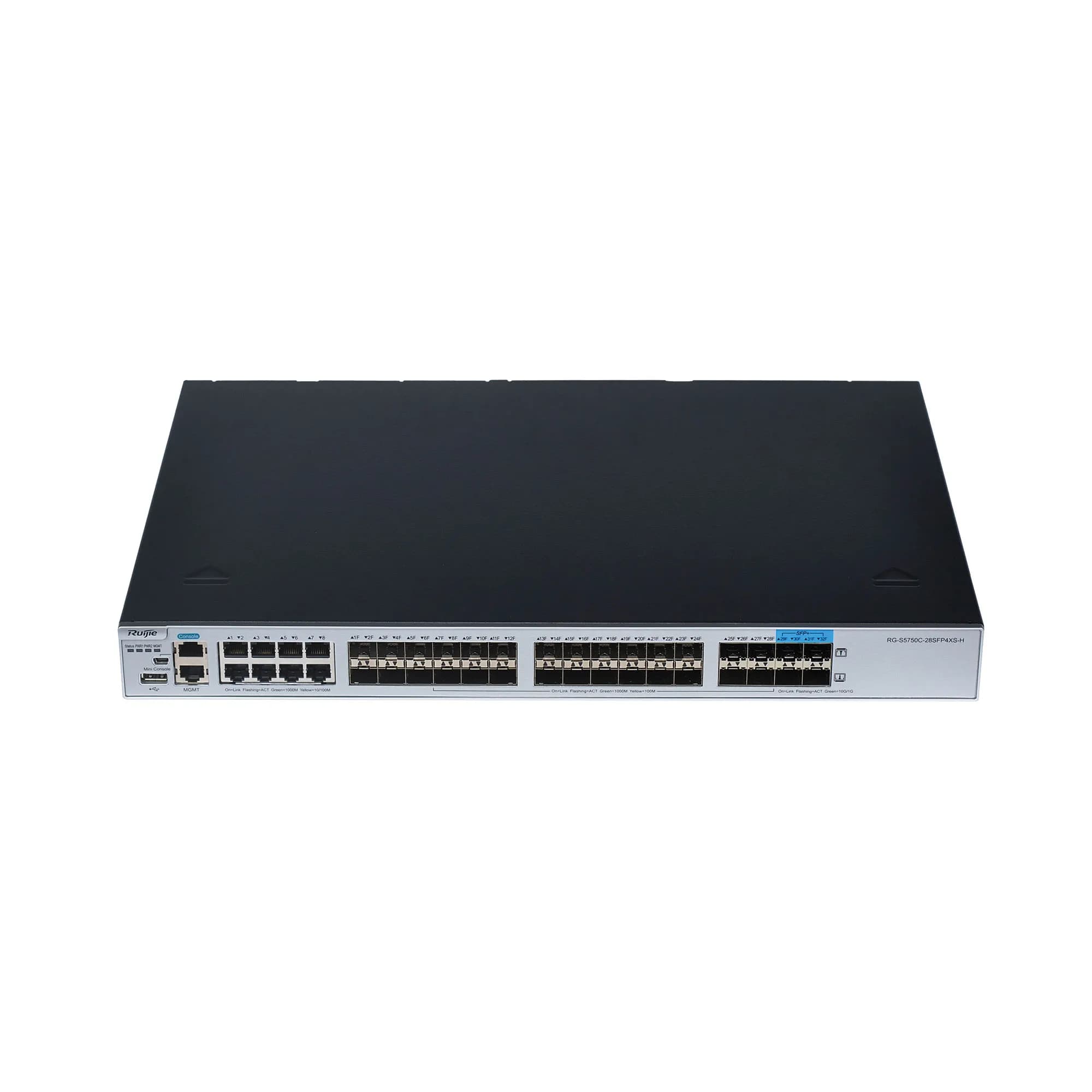 28xSFP 1G SFP Ports, 8 Combo  10/100/1000 BASE-T ports, 4 1G/10G SFP+ BASE-X ports, 2 extension slots, 2 modular power slots 1