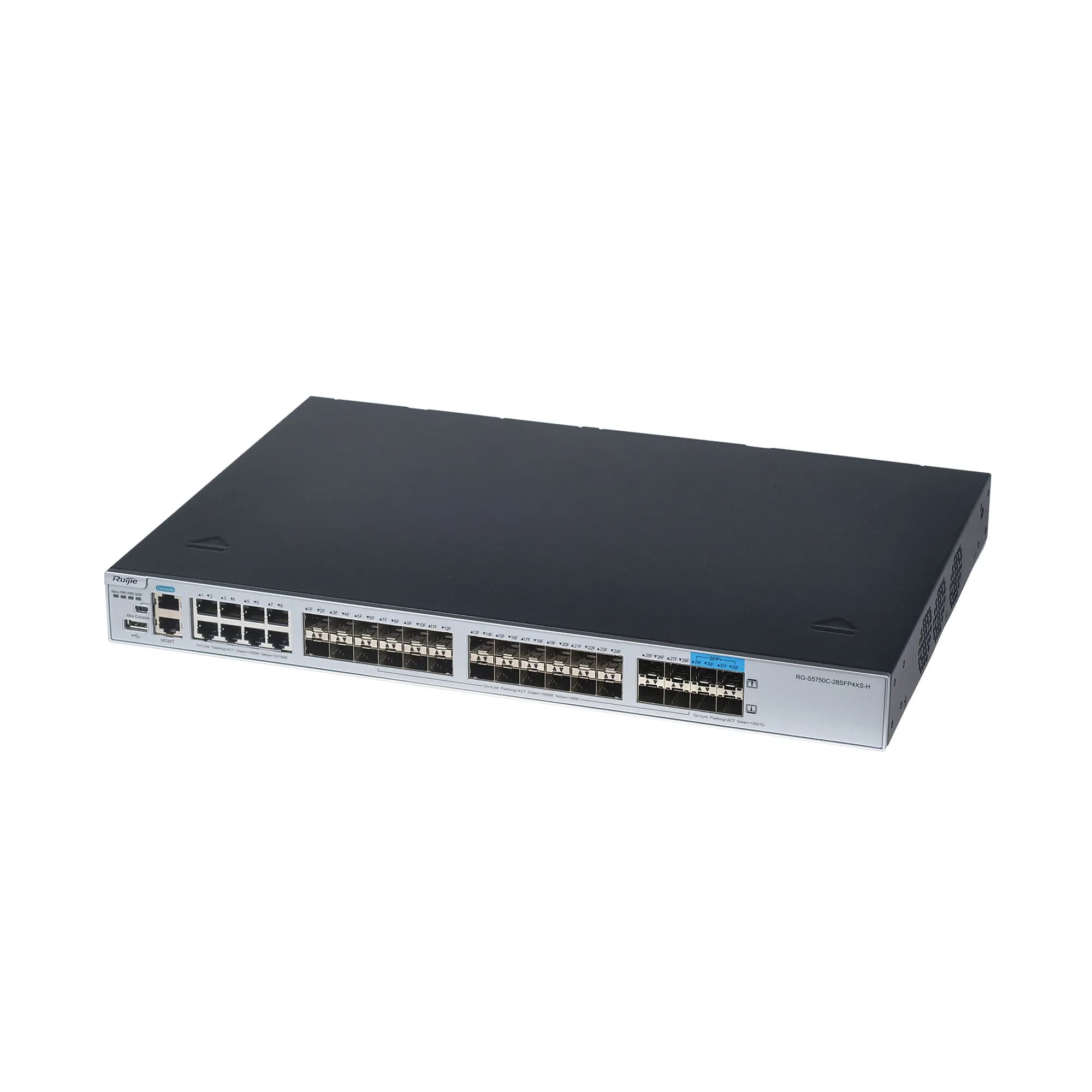 28xSFP 1G SFP Ports, 8 Combo  10/100/1000 BASE-T ports, 4 1G/10G SFP+ BASE-X ports, 2 extension slots, 2 modular power slots 2