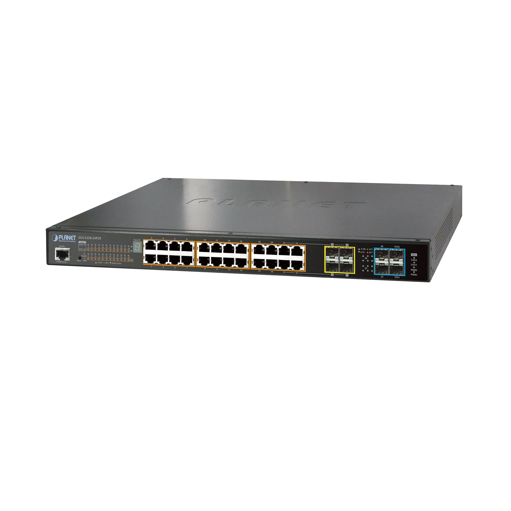 IPv6 L2+/L4 24-Port 10/100/1000BaseT 802.3at PoE+ plus 2-Port 10G SFP+ Gigabit Ethernet stackable Switch, trunking stack up to 16 units