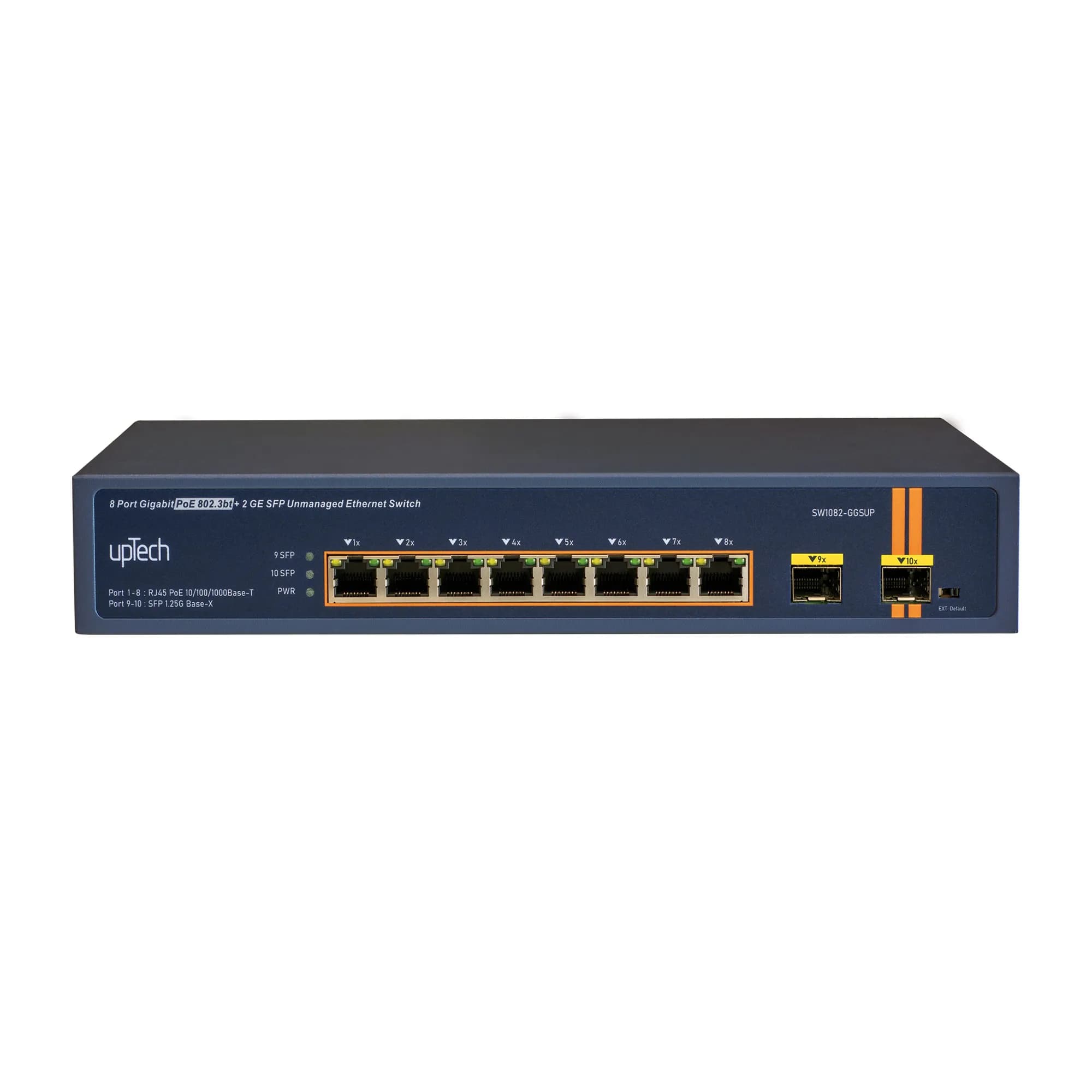 Unmanaged 8x 10/100/1000M PoE RJ45 ports (1-4 ports 802.3bt) + 2x GE SFP 300W PoE Ethernet Switch