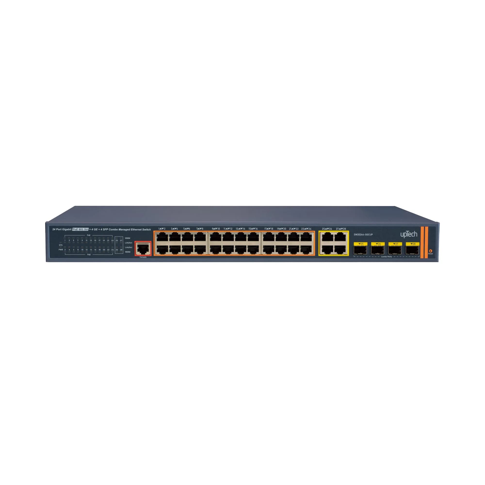 L2+ Managed 24x 10/100/1000M PoE RJ45 ports (1-4 ports 802.3bt) + 4x Gigabit Combo SFP 500W PoE Ethernet Switch