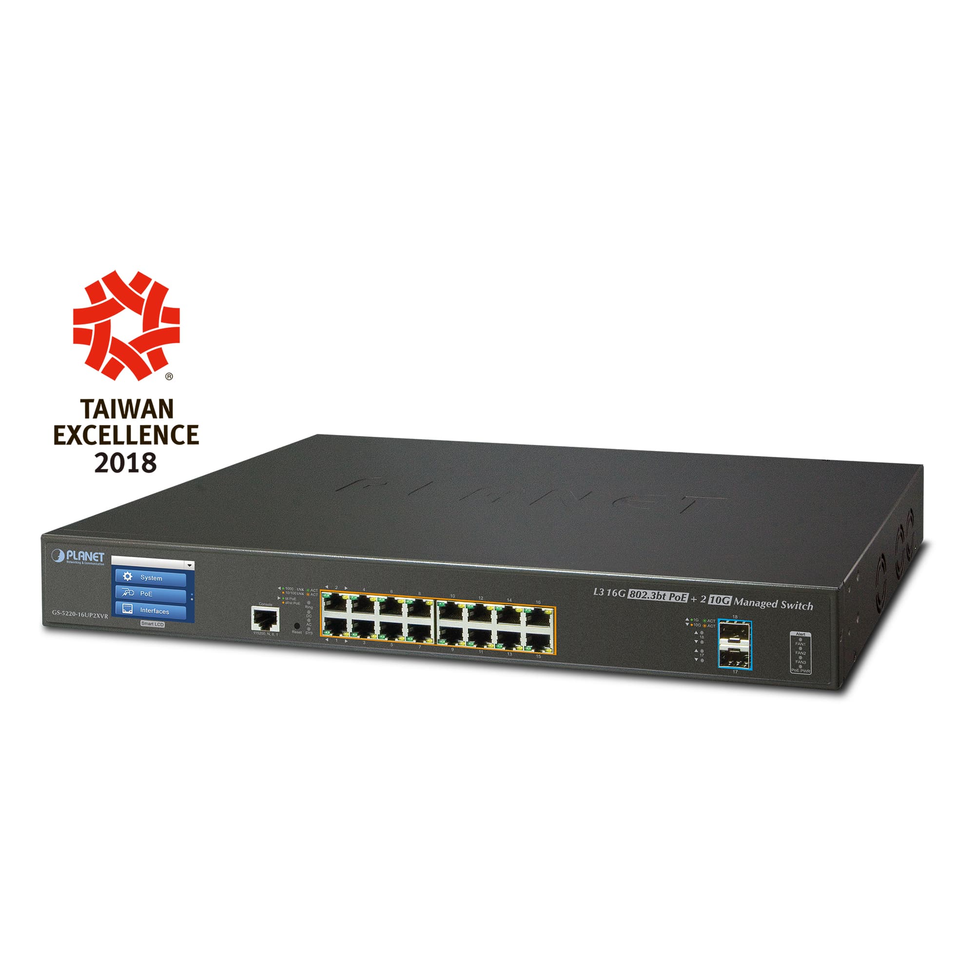 L2+ 16-Port 10/100/1000T 802.3aat PoE + 2-Port 10G SFP+ Managed Switch with LCD Touch Screen (220W)