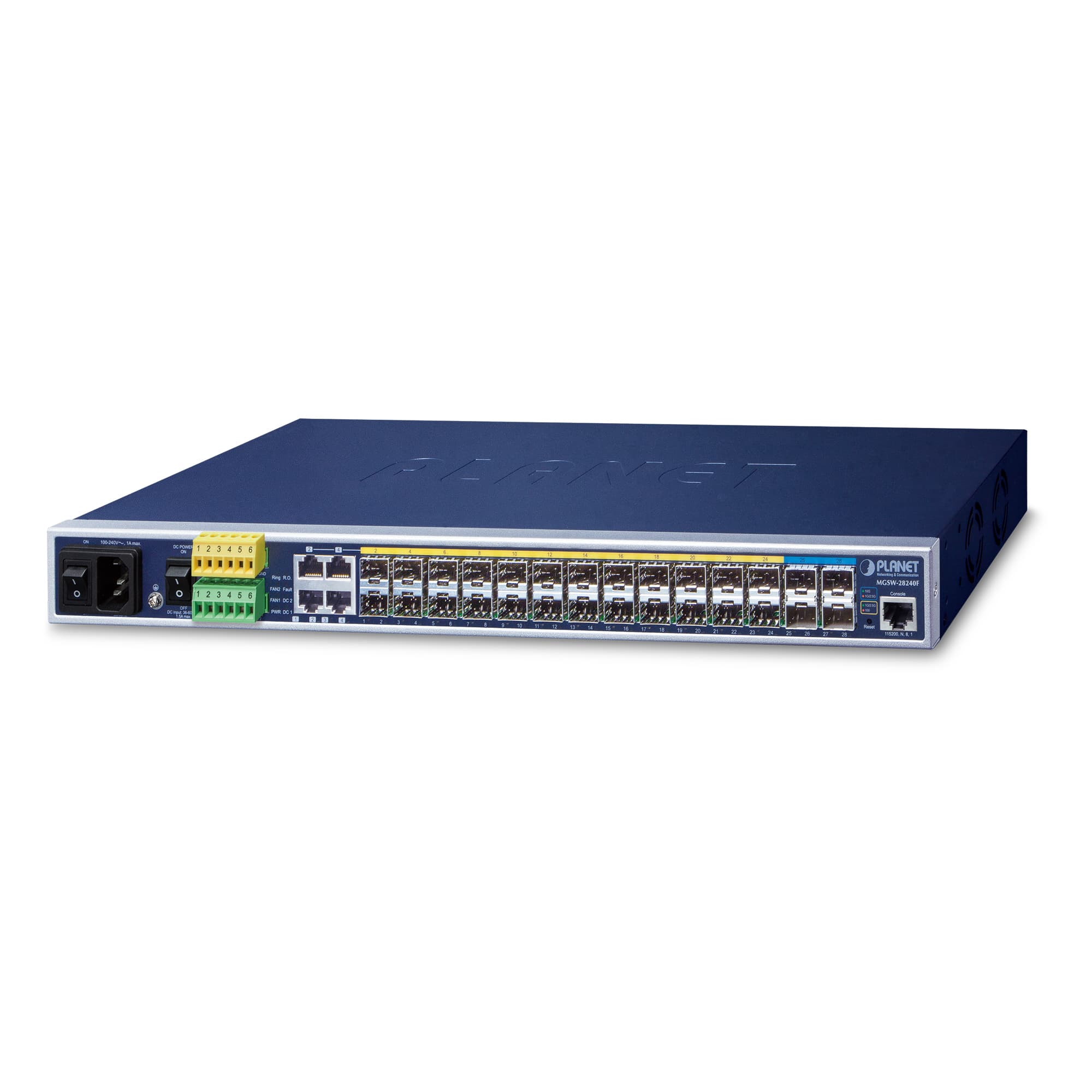 24-Port 100/1000Base-X SFP plus 4-Port 10G SFP+, L2/L4 Managed Metro Ethernet Switch (AC+DC Power Redundant, 2xDI, 2xDO)