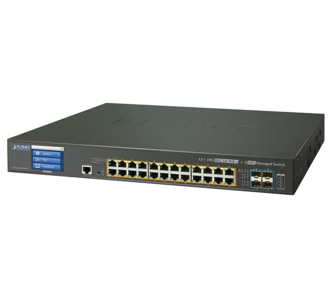 L2+ 24-Port 10/100/1000T 802.3at PoE + 4-Port 10G SFP+ Managed Switch with LCD touch screen