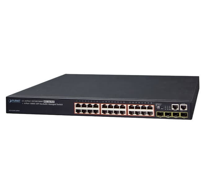 Layer 3 24-Port 10/100/1000T 802.3at PoE + 4-Port 1000X SFP Stackable Managed Switch (370W)