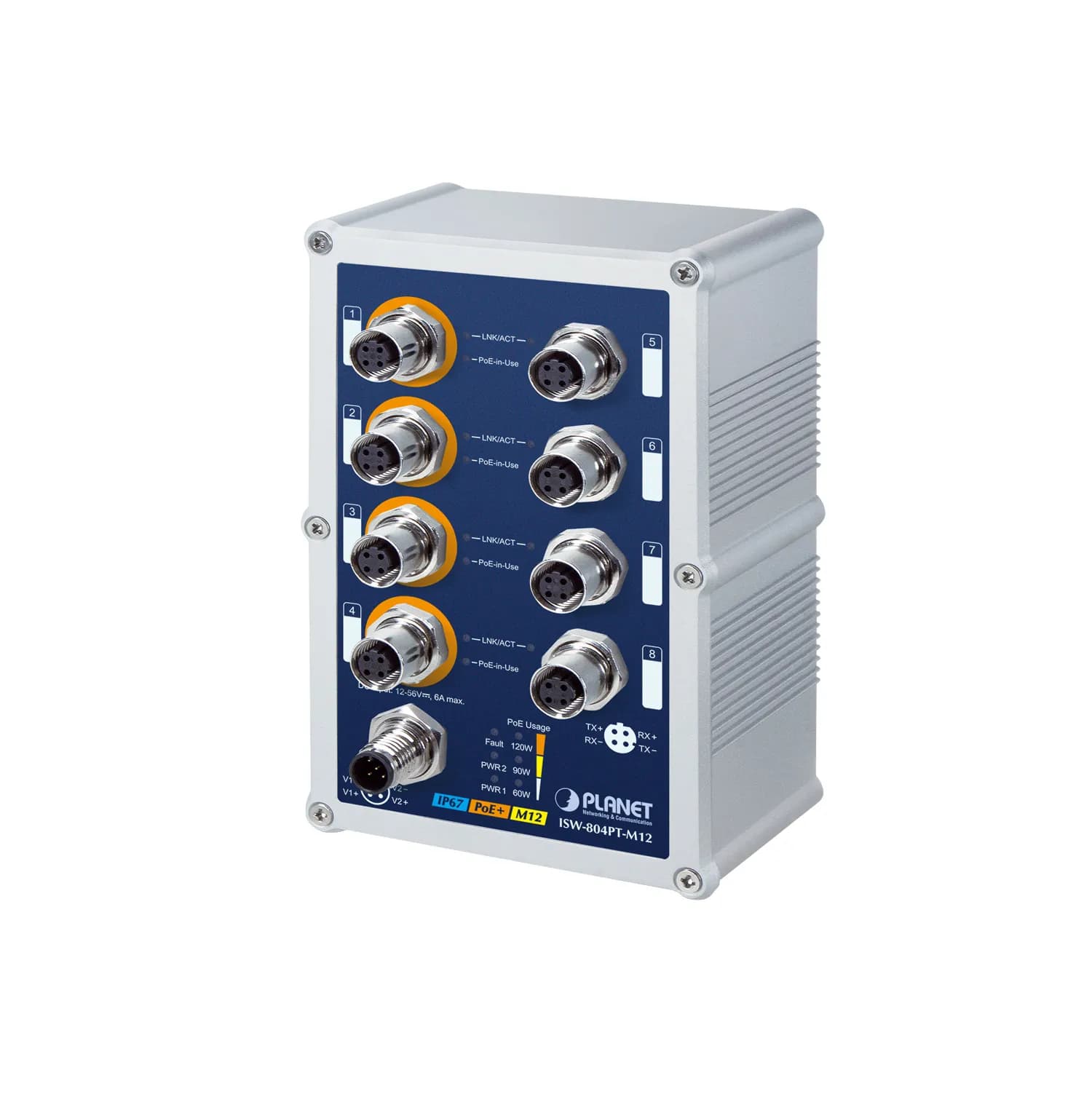 IP67 rated 8-Port 10/100Mbps M12 Fast Ethernet POE Switch (-40 to 75 degree C)