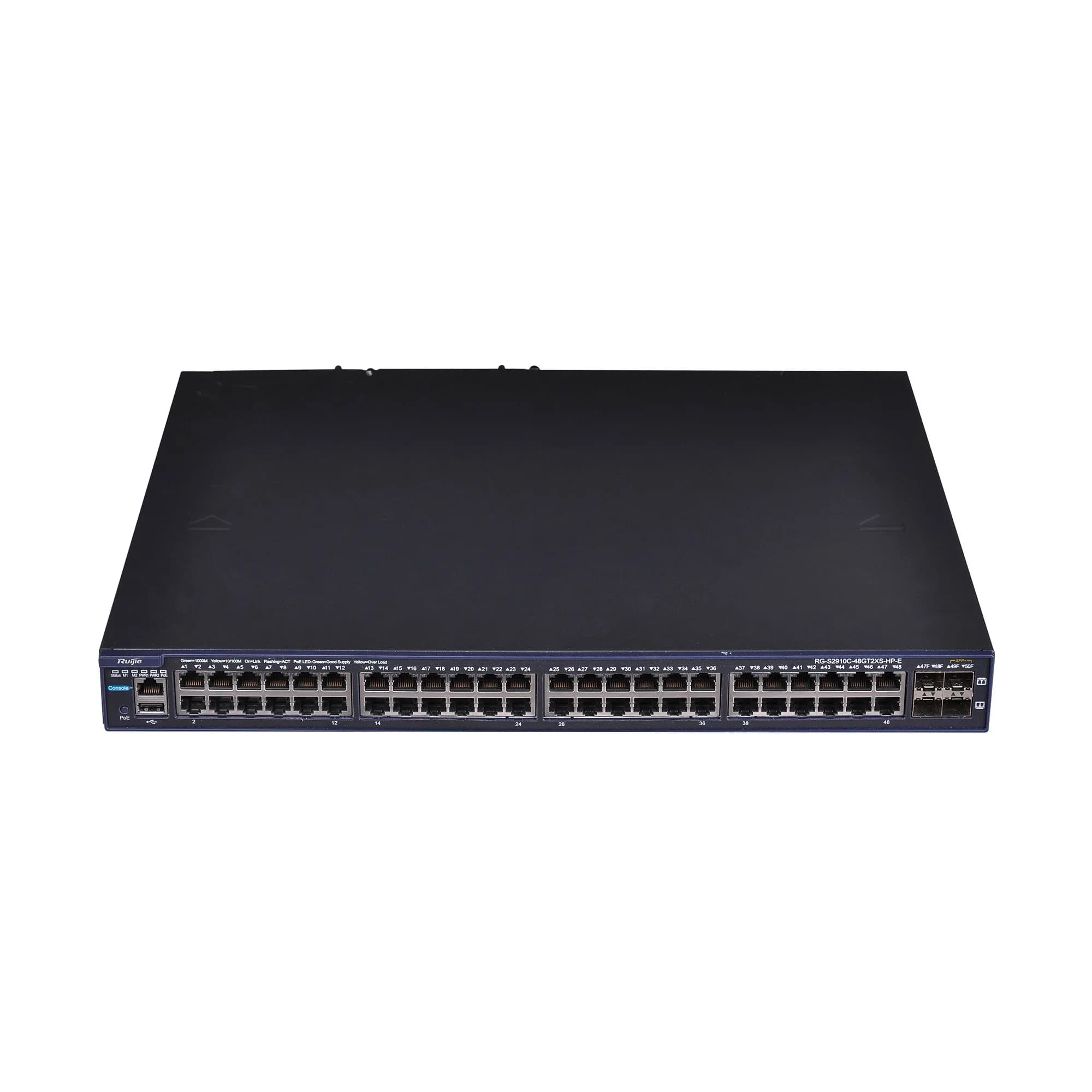 48-Port 10/100/1000Base-T (PoE/PoE+), 2-Port 100/1000Base-X SFP (combo), 2-Port 1G/10G Base-X SFP+ (non-combo), 1 USB, 2 Expansion Slots, 2 Slots for
